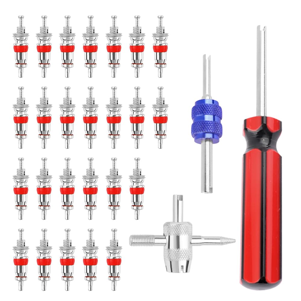 3PCS Valve Stem Removal Tool + 25PCS Valve Stem Core,4-Way Tire Valves Stems Tool for Repairing Car Tire or Air Conditioning Units,Dual & Single Head Valves Core Tools