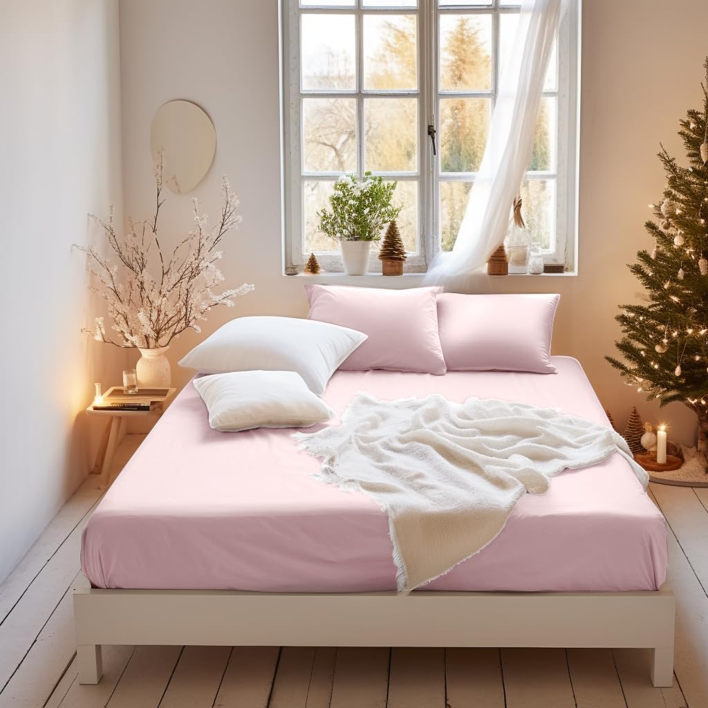 MOHAP Cooling Double Size Fitted Sheet Pink with Extra Deep 30 cm Pocket Bed Sheet Only Bedsheet Brushed Microfiber Bottom Sheet for Double Bed 135x190 Pink