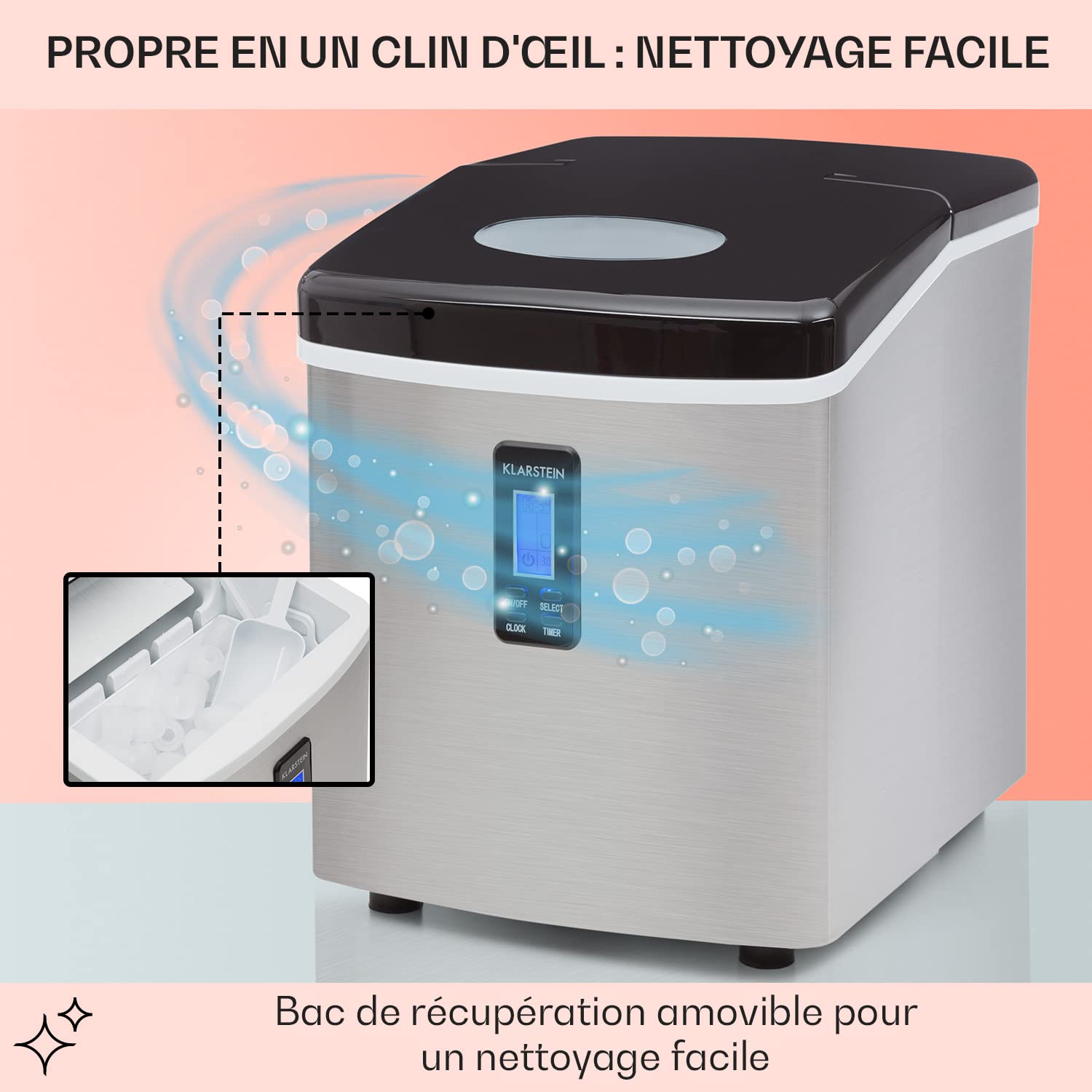 Klarstein Mr. Black-Frost - Machine à glaçons 3,3 L, 15 kg/24 h, Ice Maker 150W, 3 tailles, 6-15 mn, Machine à distributeur de glaçons avec Minuterie, Heure, Ecran LCD, Discret, Inox, Noir
