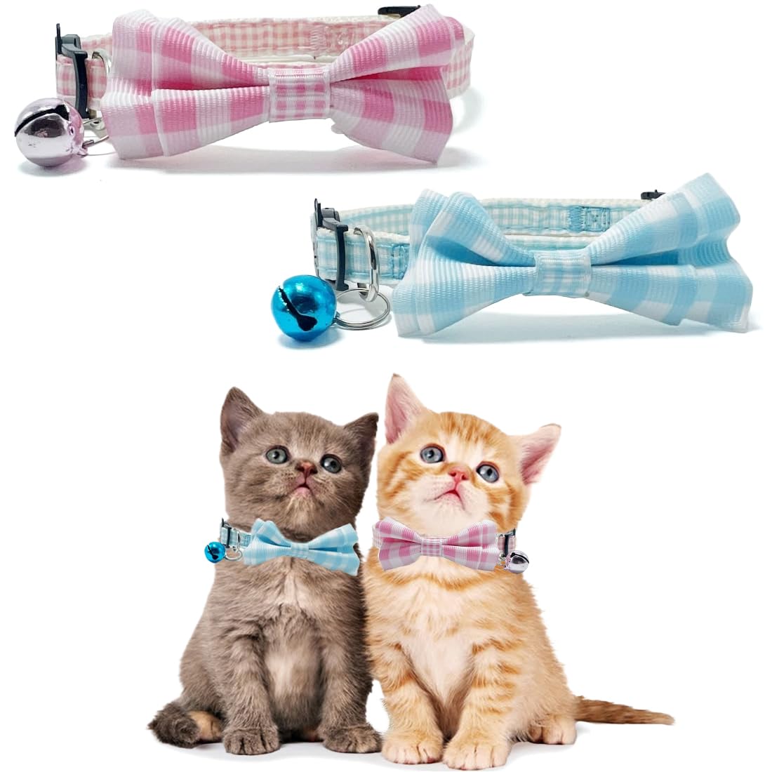 Cat Collar, Safety Collar with Elastic Strap, Kitten with Bell, Adjustable for Small Dog, Blue and Pink