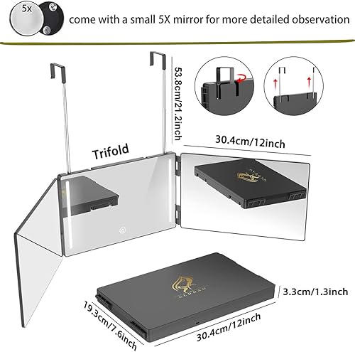 Miniatura 2 de GLDDAO Espejo de 3 vías para corte de pelo automático con luces recargable 360 espejos de peluquería triples LED espejo de maquillaje iluminado para