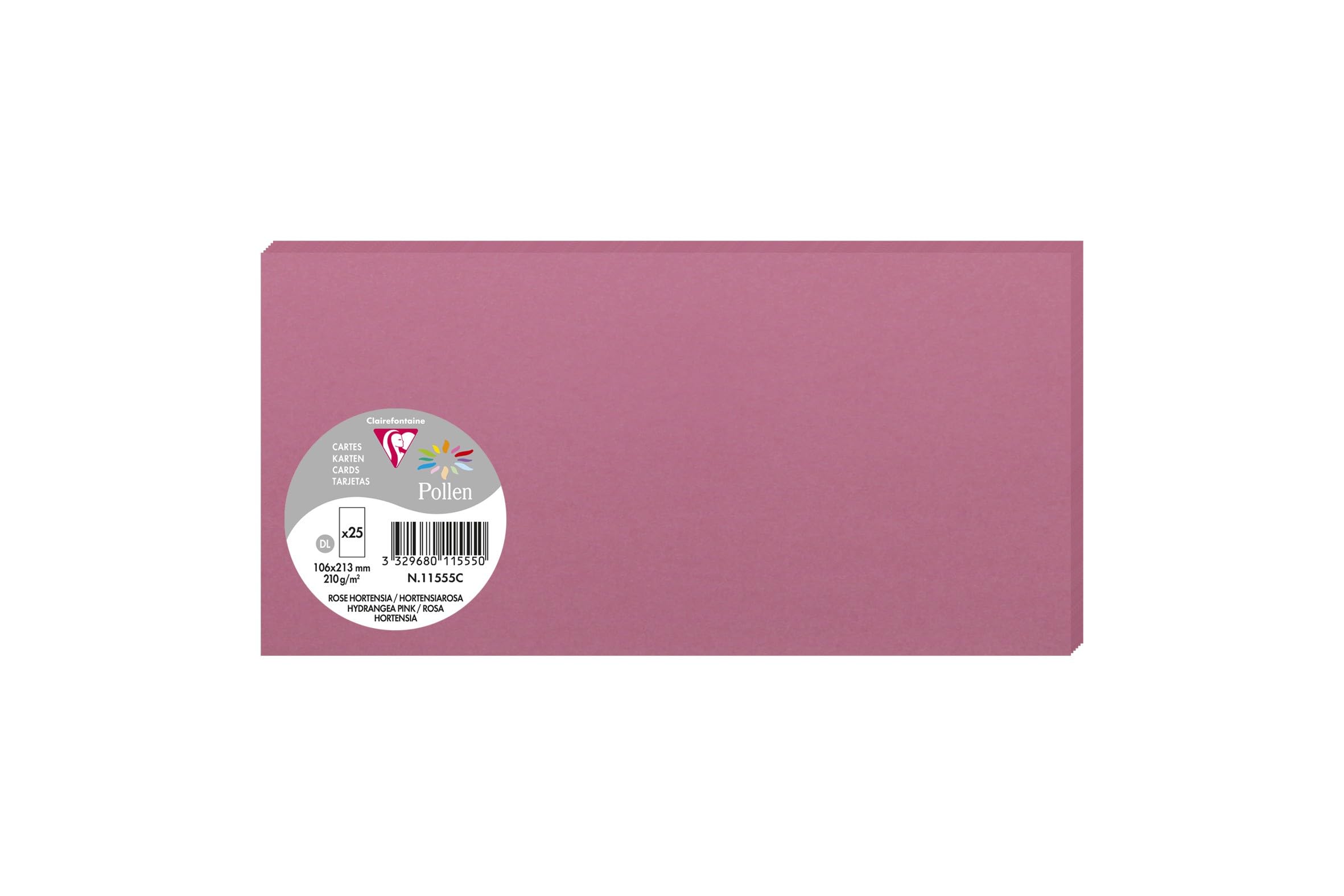 Clairefontaine 11555C Pack of 25 Plain Cards DL Format 10.6x21.3cm 210gsm Pink Hydrangea Invitation Correspondence Cards Pollen Range Smooth Premium Paper