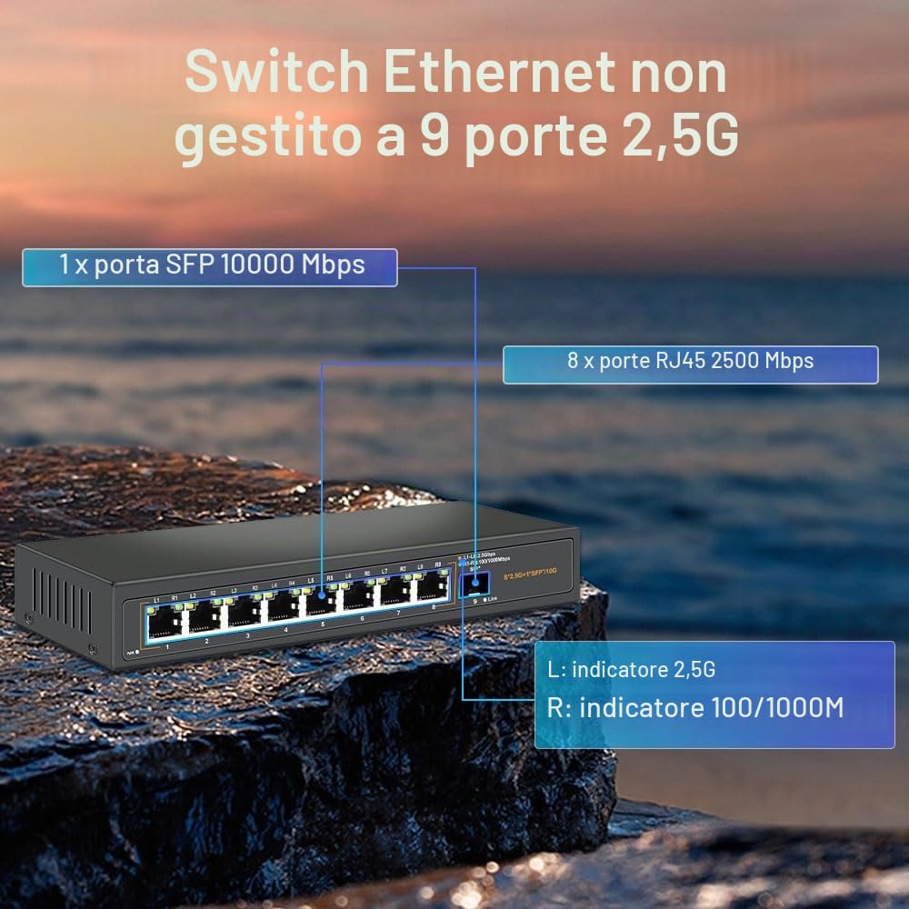 Switch Ethernet non gestito Davuaz 2.5G con 8 porte 2.5G Base-T e 1 porta Uplink 10G SFP, compatibile con 100/1000/2500Mbps, design senza ventole, Plug & Play, switch di rete 2.5Gb in metallo