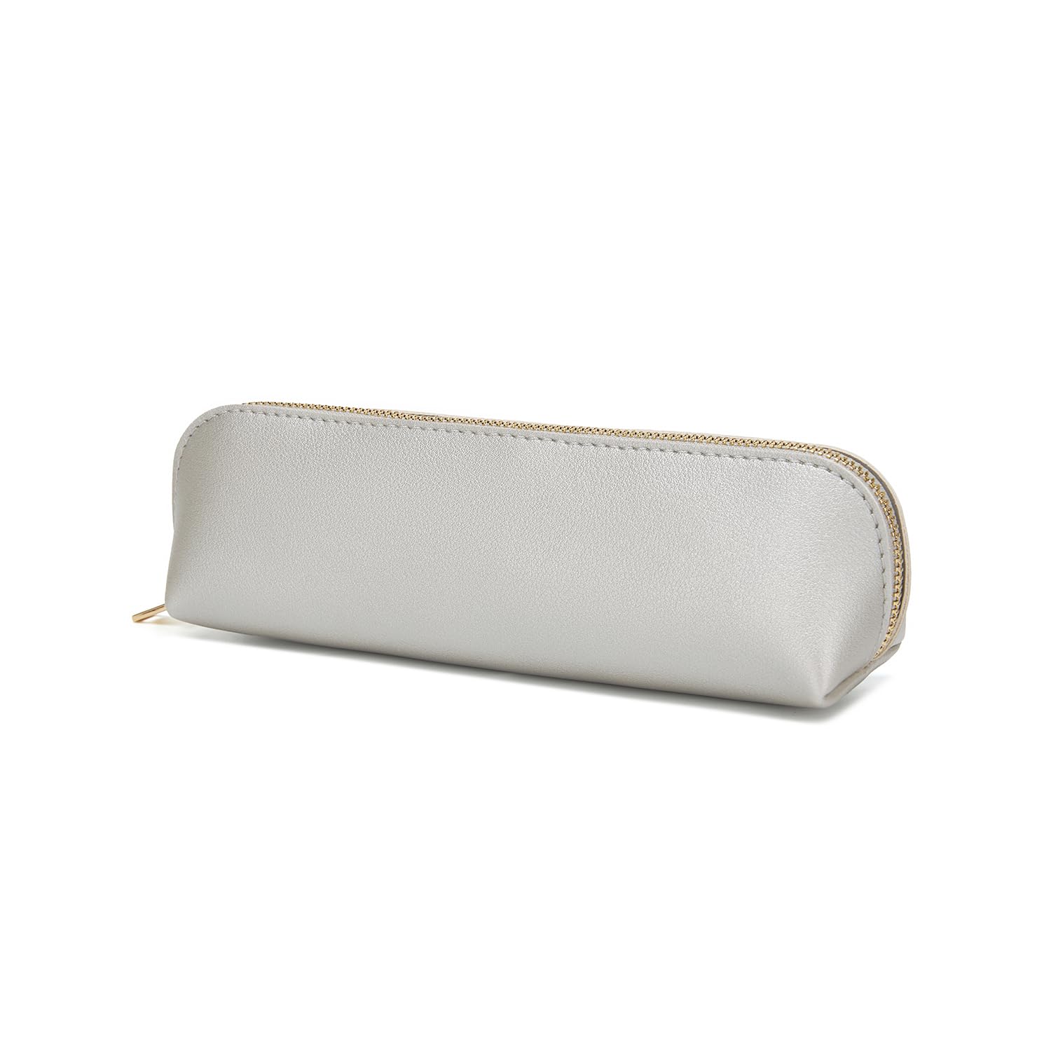 YONBEN Faux Leather Pencil Case Simple Color Bag Zipper Lightweight Storage (Pearl Silver)
