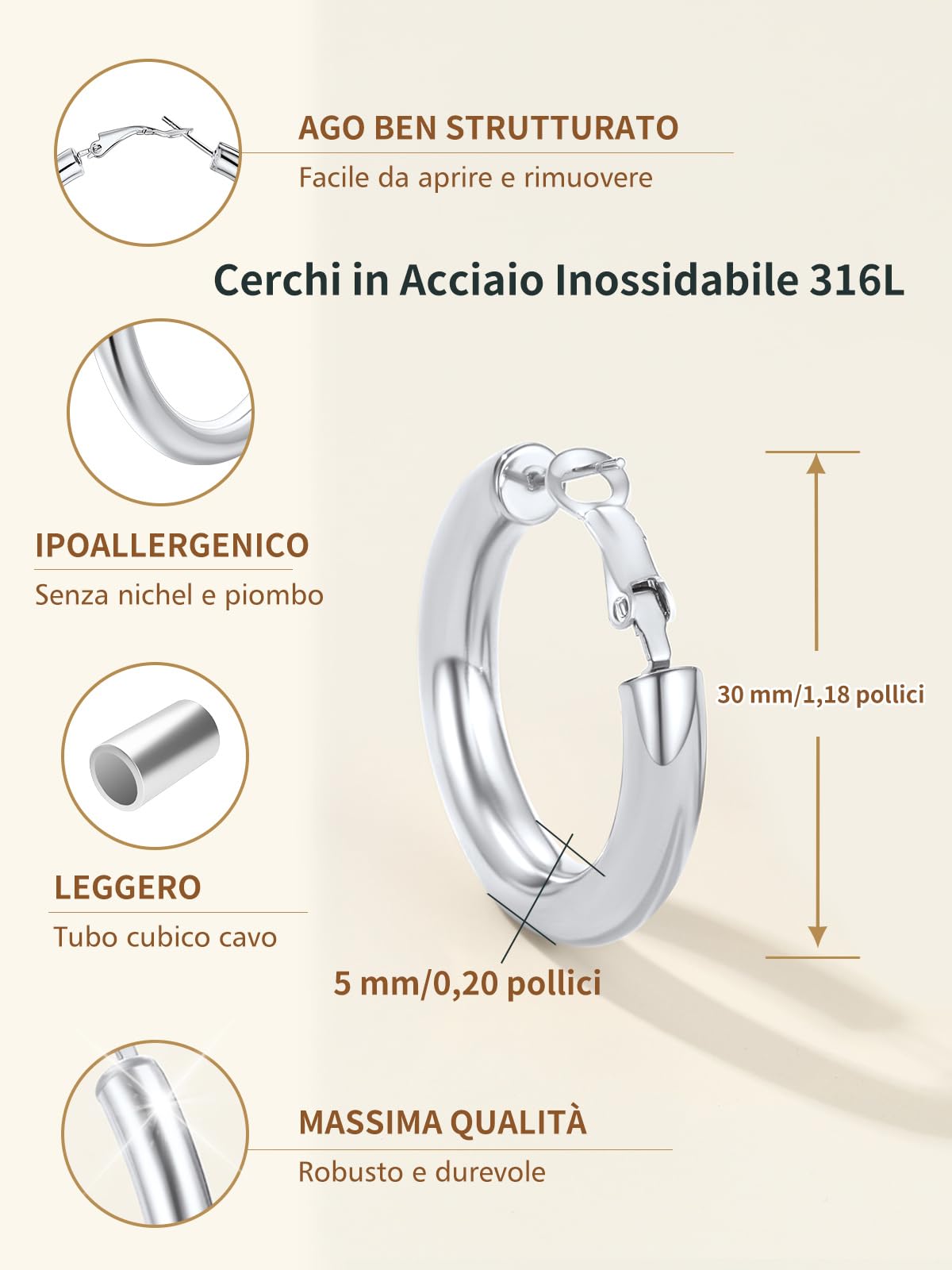 FindChic Orecchini Donna Cerchio in Acciaio Inossidabile Placcato Platini/Oro/Nero Orecchini Acciaio Oro Tubolare 20/30/40/60/80mm con Confezione Regalo