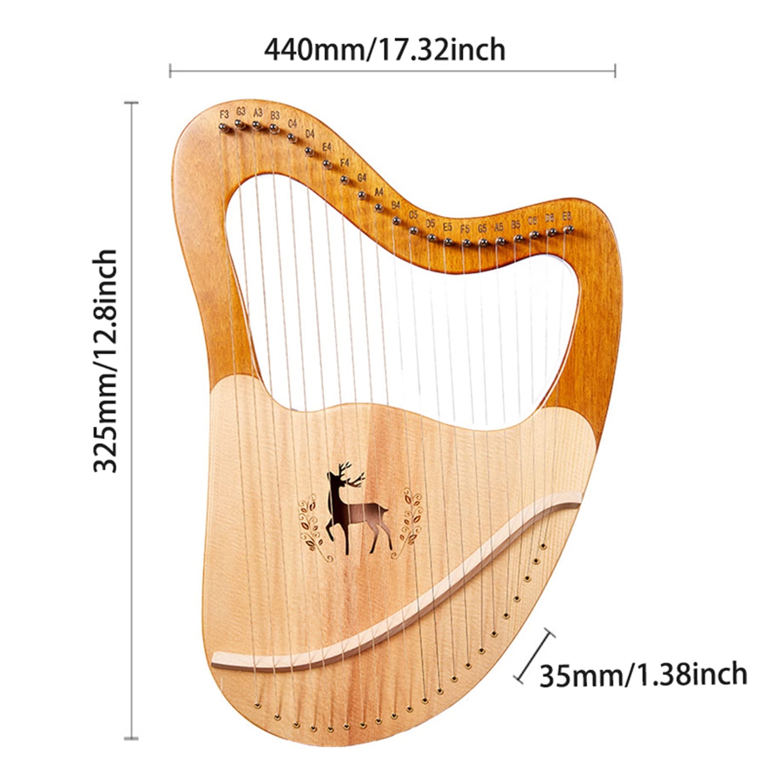 Lyre Harp Instrumento de cuerda de madera de caoba de 32 cuerdas, con bolsa de transporte de EVA, llave de afinación, cuerda de repuesto, manual de instrucciones en inglés, para principiantes amantes
