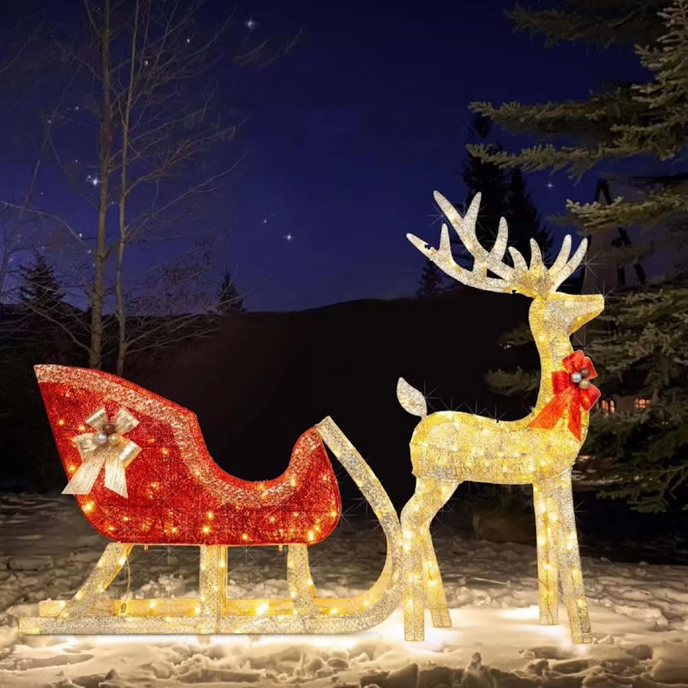 Christmas Outdoor LED Reindeer Decoration, Battery-Powered, can be Installed Anywhere (Sleigh Reindeer)