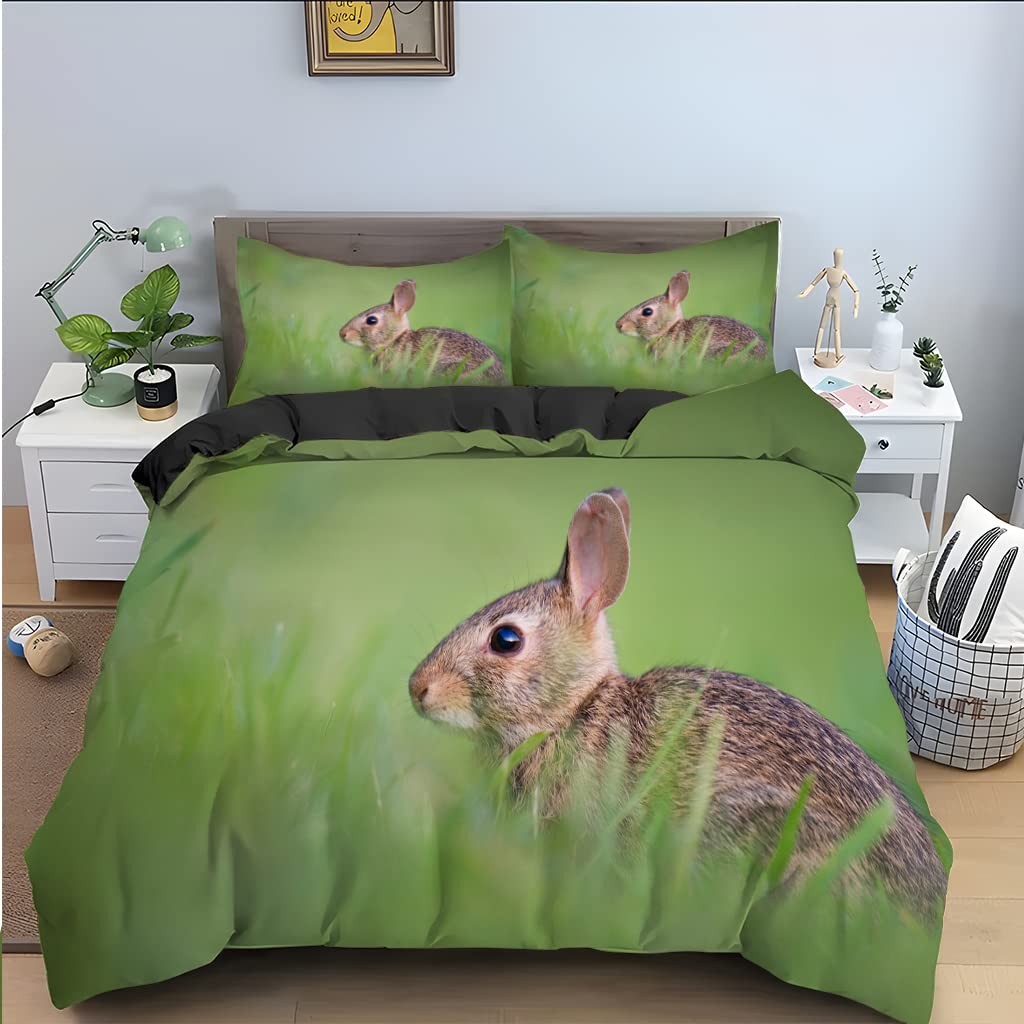 Parure Housse de Couette 140x200 Lapin Vert Enfant et Ado avec Taies 65x65