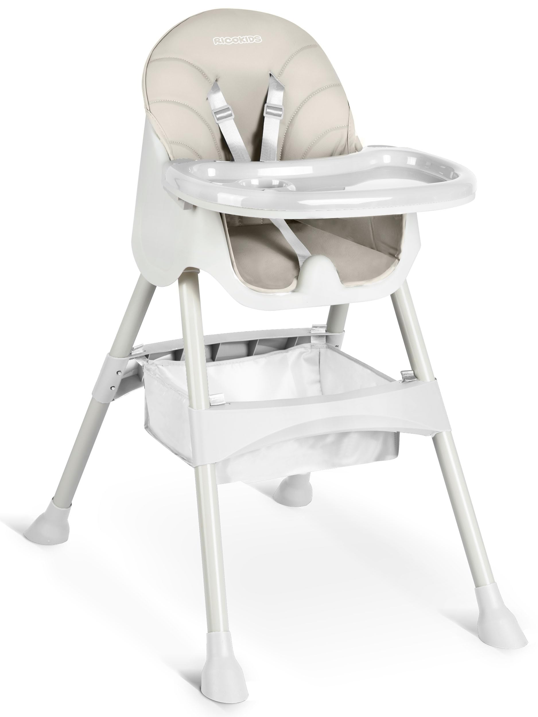 Ricokids Chaise haute pour bébé 3 en 1 - Pour enfant à partir de 6 mois - Avec ceinture de sécurité - Pliable - Facile d'entretien - Cadre réglable en hauteur - Planche à manger amovible - Panier