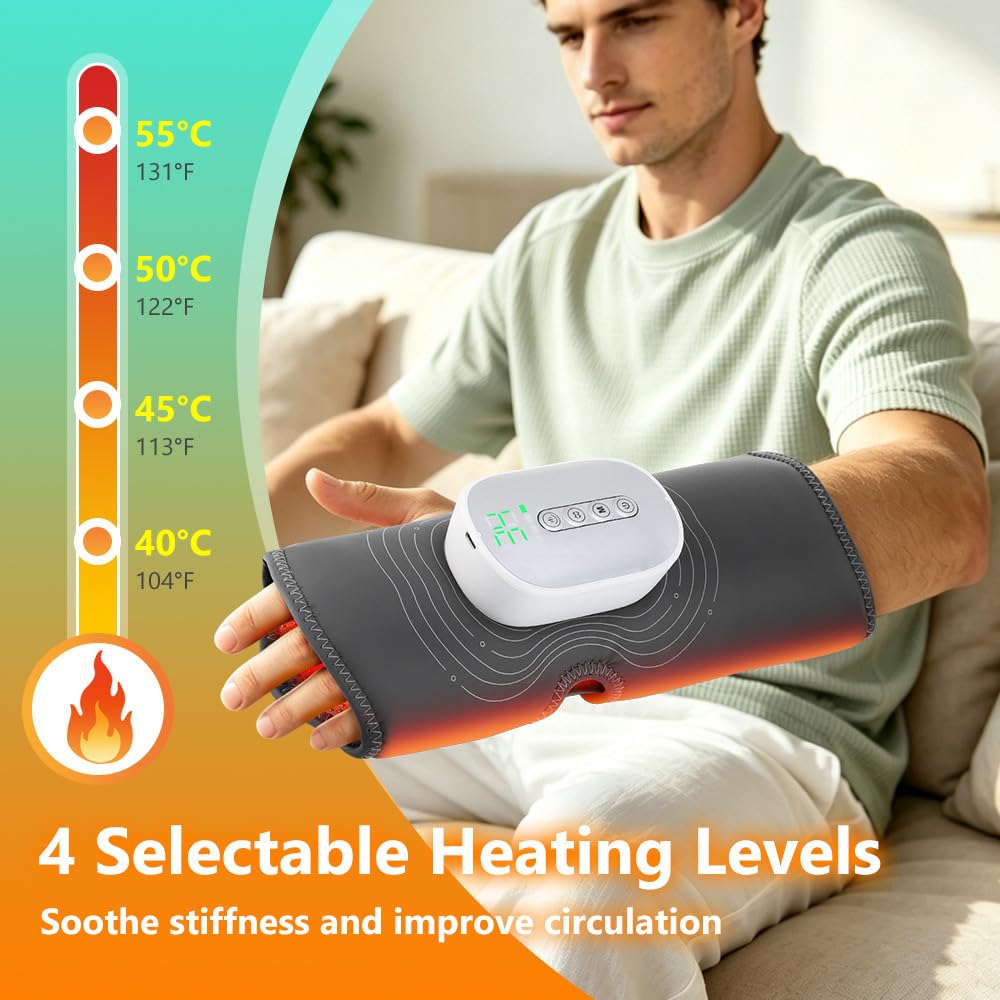 Massaggiatore Mani Elettrico con Calore e Compressione con Impastamento, 4 Livelli di Intensità, Massaggiatore Mani Senza Fili per Artrite Sindrome Tunnel Carpale