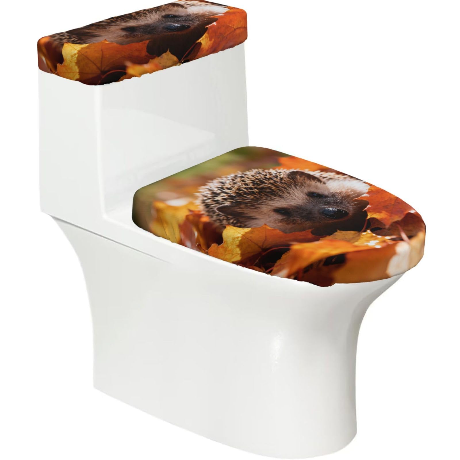 Hedgehog Elastic Toilet Cover Set of 2-Stretchy Lid and Tank Covers for Bathroom, Soft Washable U Shape Toilet Decor