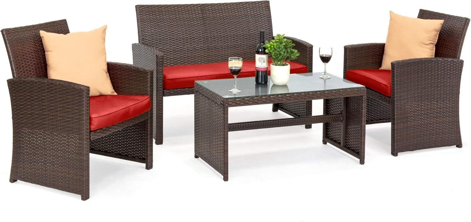 4-Piece Outdoor Wicker Patio Conversation Furniture Set with Coffee Table Seat Cushions Patio Furniture Sets for Backyard Porch Balcony Poolside(Red)
