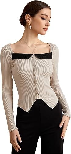 winkbay Women's Square Neck Long Sleeve T Shirt Elegant Button Front Asymmetrica