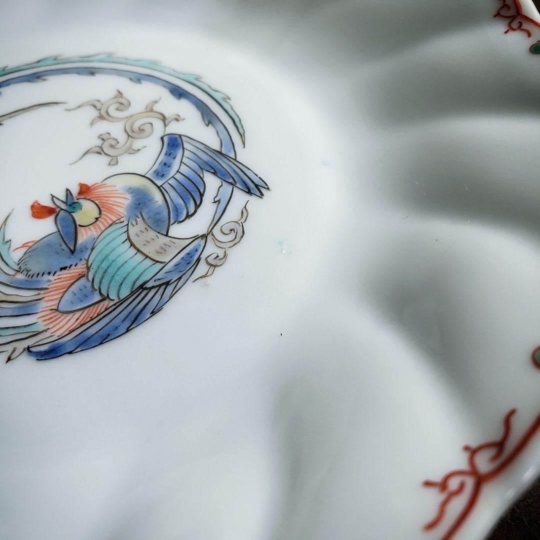 色絵付 皿 鳳凰 ねじり花弁縁 古伊万里 花文 唐草 銘 窯傷 イ号色絵付