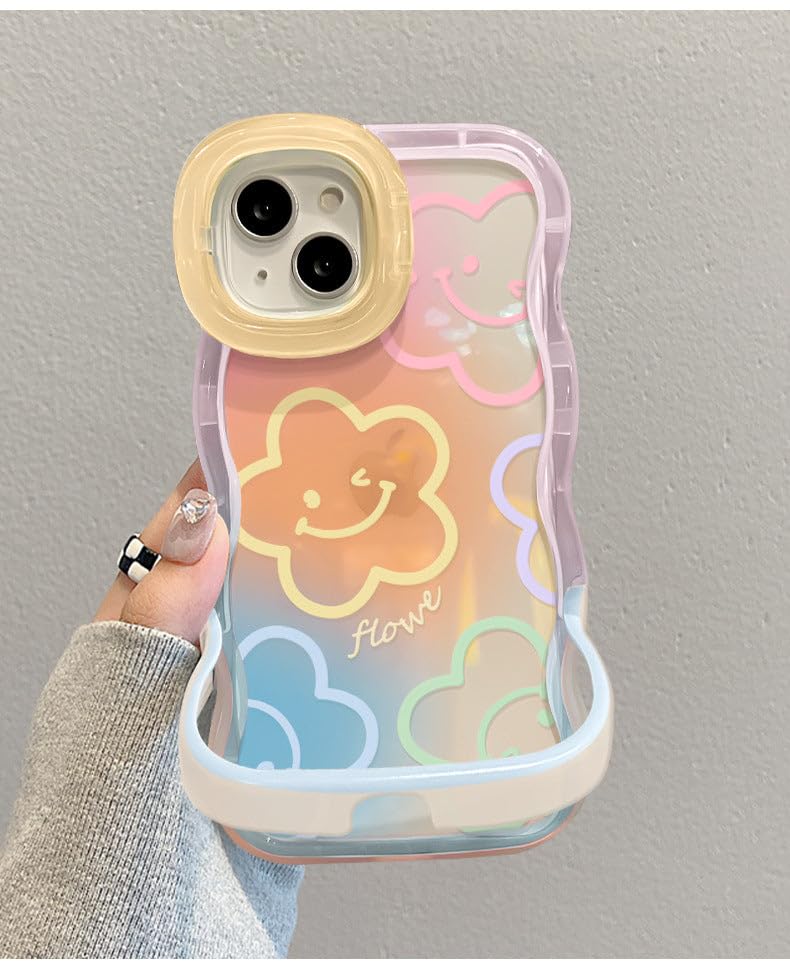 Image of COVERLY 3D Cute Creative Smiley Flower Cartoon Emoji Face Floral Decor Wave Curly Edge Invisible Double Phone Stand Holder Hard Happy Smile Cover Girly Charm Case for Apple iPhone 17 (Multi Color)