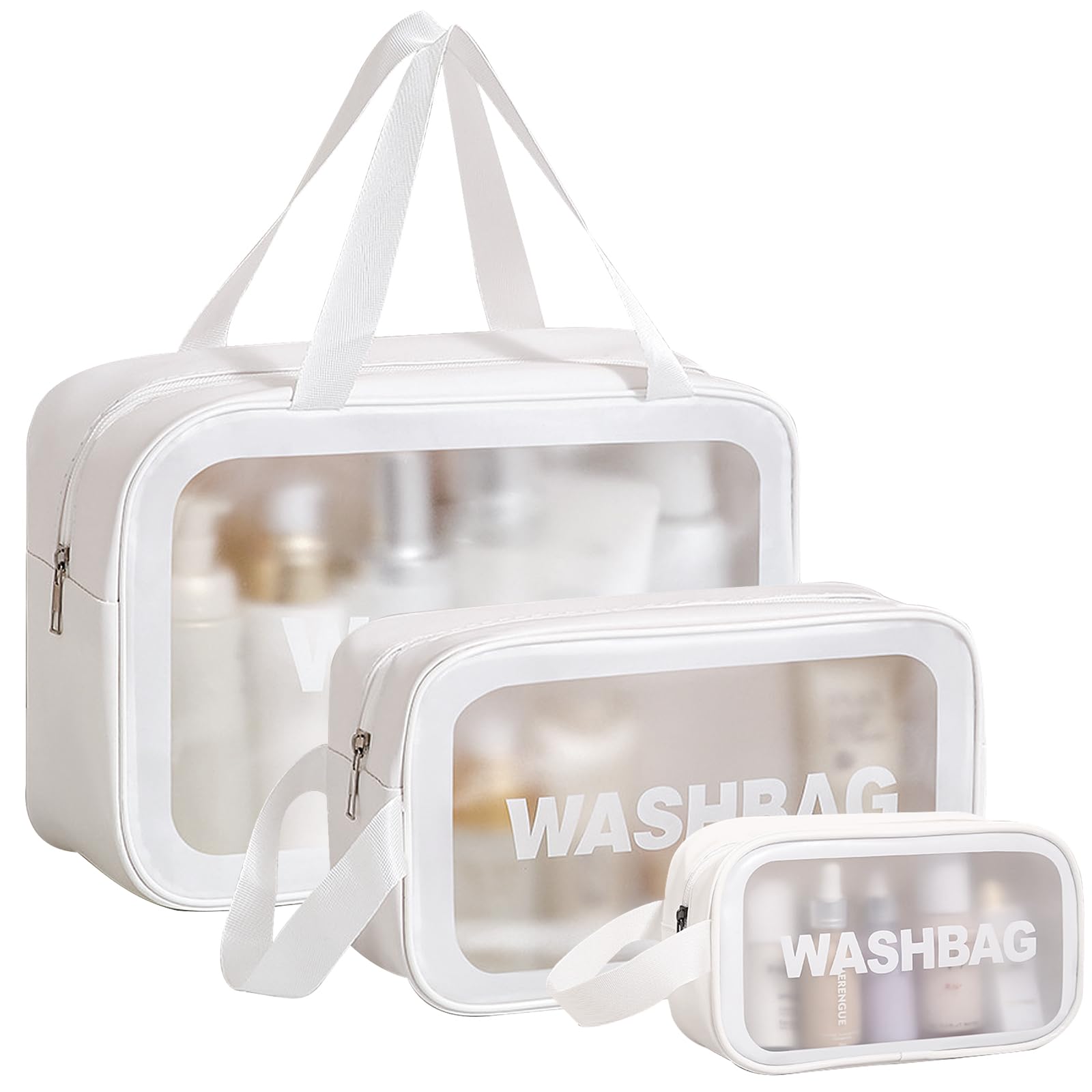 Atliberswo Juego de 3 Neceseres de Maquillaje, Neceser Transparente para Mujeres, Neceser Impermeable, Bolsa de Maquillaje, Bolsa de Aseo (Grande, Mediana y Pequeña)