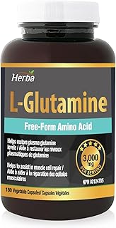 Herba L-Glutamine Capsules 750mg – 180 Vegetable Capsules | 3,000mg Per Serving | Free Form L Glutamine Supplement | NPN from Health Canada | Made & 3rd Party Tested in Canada