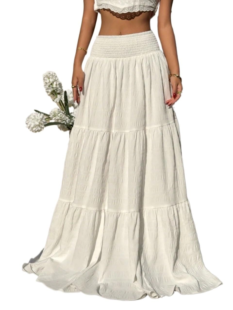 Womens Trendy Solid Color Shirred Waist Ruffled Hem Skirt Midi Skirt