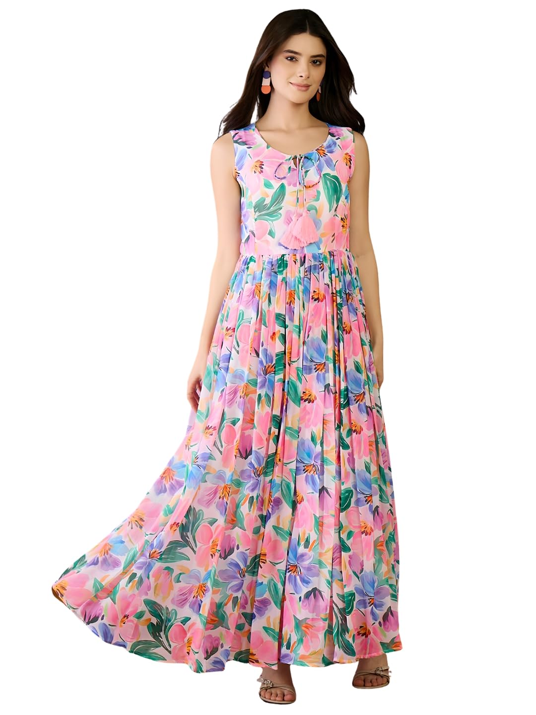 naixa Women's Georgette Floral Printed Flared Maxi Dress | Sleeveless | Tie Up Neck | Casual | Western Gown Dress-picture-34