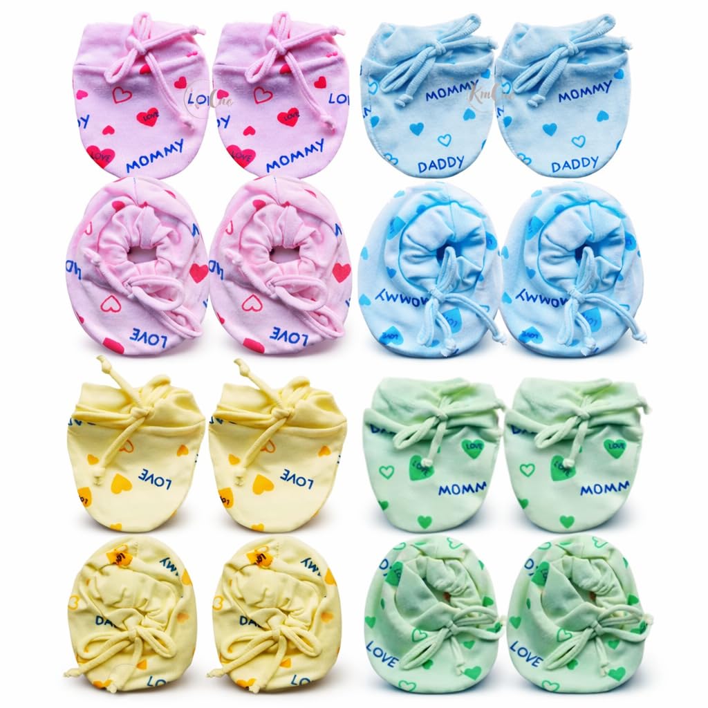 kmcho Newborn Baby Boy's & Girl's Soft Cotton Mittens and Booties Set/Soft Cotton Cloth Tying Knotted Kids Mittens and Booties (Multicolor, 0-6 Month) - Pack of 4-picture-45