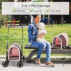 Double Pet Stroller 3 in 1 Folding Dog Strollers and Carriers Small Pet Strollers for 2 Dogs and Cats Clearance Travel Carrier Cart for Kitten Puppy,Pink