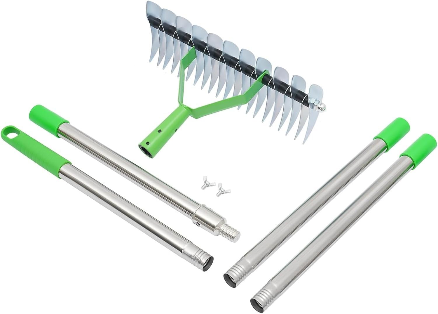 Rastrello Scotico per Prato, Manico Regolabile 1,7m, 21 Rebbi Curvi, Acciaio al Carbonio e Inox, Arieggiatore per Rimuovere Muschio, Secca e Detriti per Gi