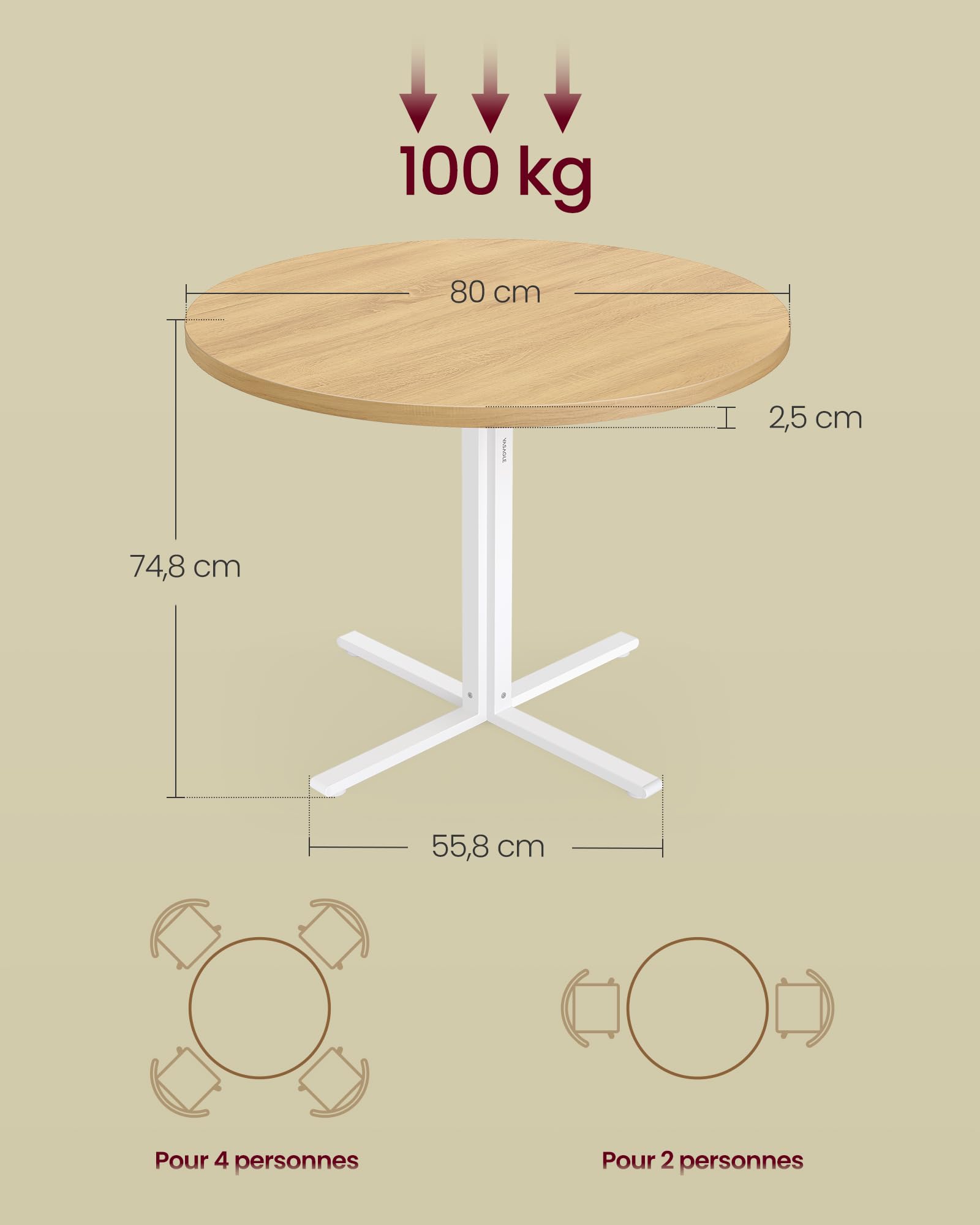 VASAGLE Table Ronde Cuisine 80 cm 4 Personnes Doré Chêne