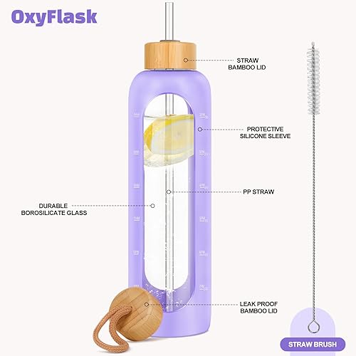 Miniatura 2 de Botellas de agua de vidrio de 32 onzas, botella de agua motivacional de vidrio con funda de silicona, popote y 2 tapas de bambú, vaso de admisión