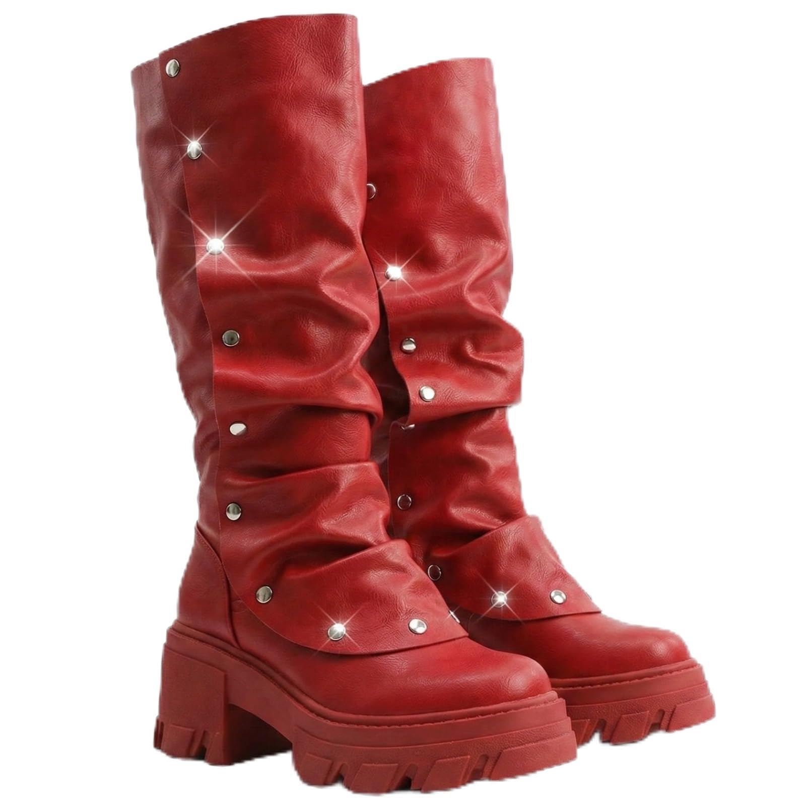 Womens Chunky Platform Mid-Calf Boots Slouchy Moto Biker Shoes Studded Rivet Buckle Goth Punk Y2K Style for Walking