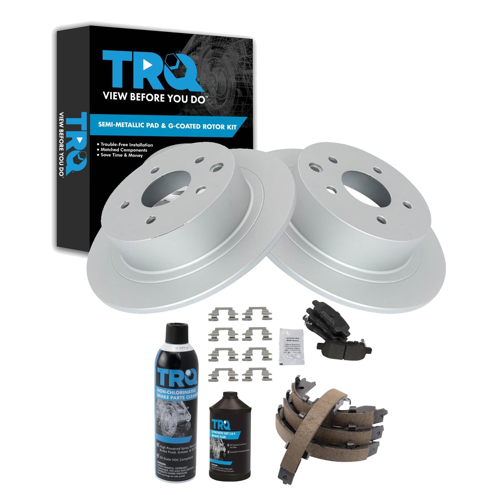 TRQ Rear Brake Pad &amp; Rotor Kit, with Chemical Kit Parking Brake Shoe Set Semi-Metallic Compatible with 2002-2021 Nissan Altima 2004-2018 Maxima