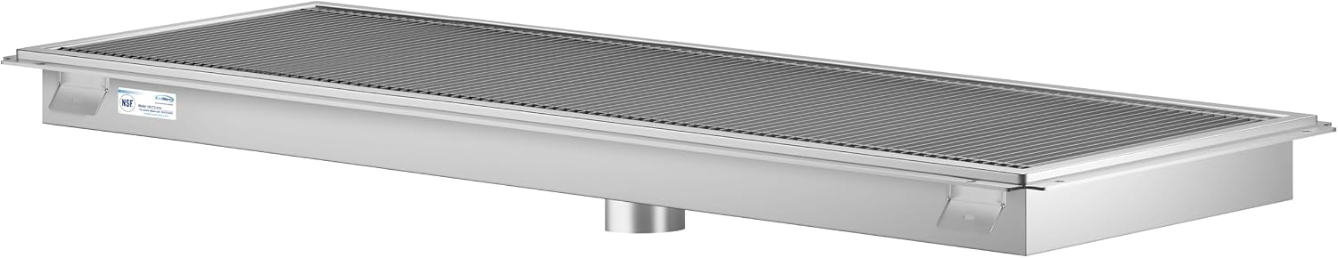 24" x 54" Stainless Steel Floor Trough Drain, 14-Gauge with Subway-Style Grating & Removable Drain Basket, NSF Listed (KM-FTG-2454)