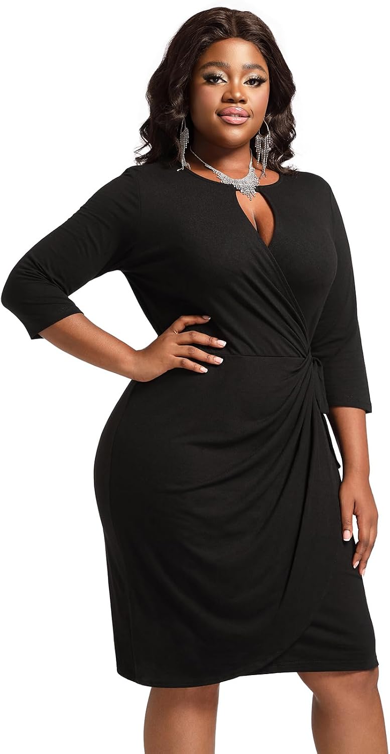 Younrui Plus Size Faux Wrap Bodycon Dress for Curvy Women Keyhole 3/4 Sleeve Sexy Cocktail Midi Wedding Guest Dresses