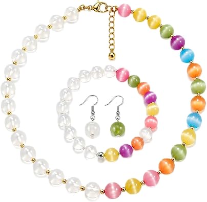 Dopamine Necklace UV Reactive Colorful Rainbow Beaded Necklace Dopamine Jewelry Set Color Changing Mood Necklaces Bracelet Earrings Summer Beach Vacation Gift for Women