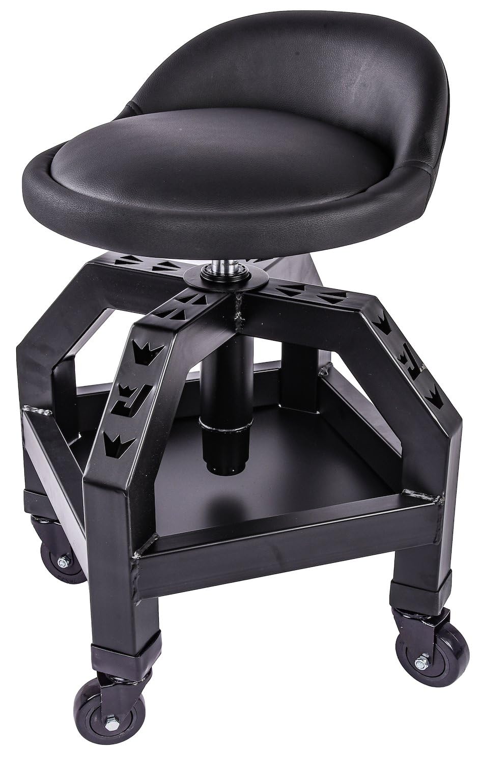JEGS Heavy-Duty Swivel Shop Stool | 330 lb. Capacity | Steel Frame | Black Powder Coat Finish | 22 in. to 27.50 in. Height Adjustment | 16 in. Foam-Padded Seat w/360 Degree Swivel