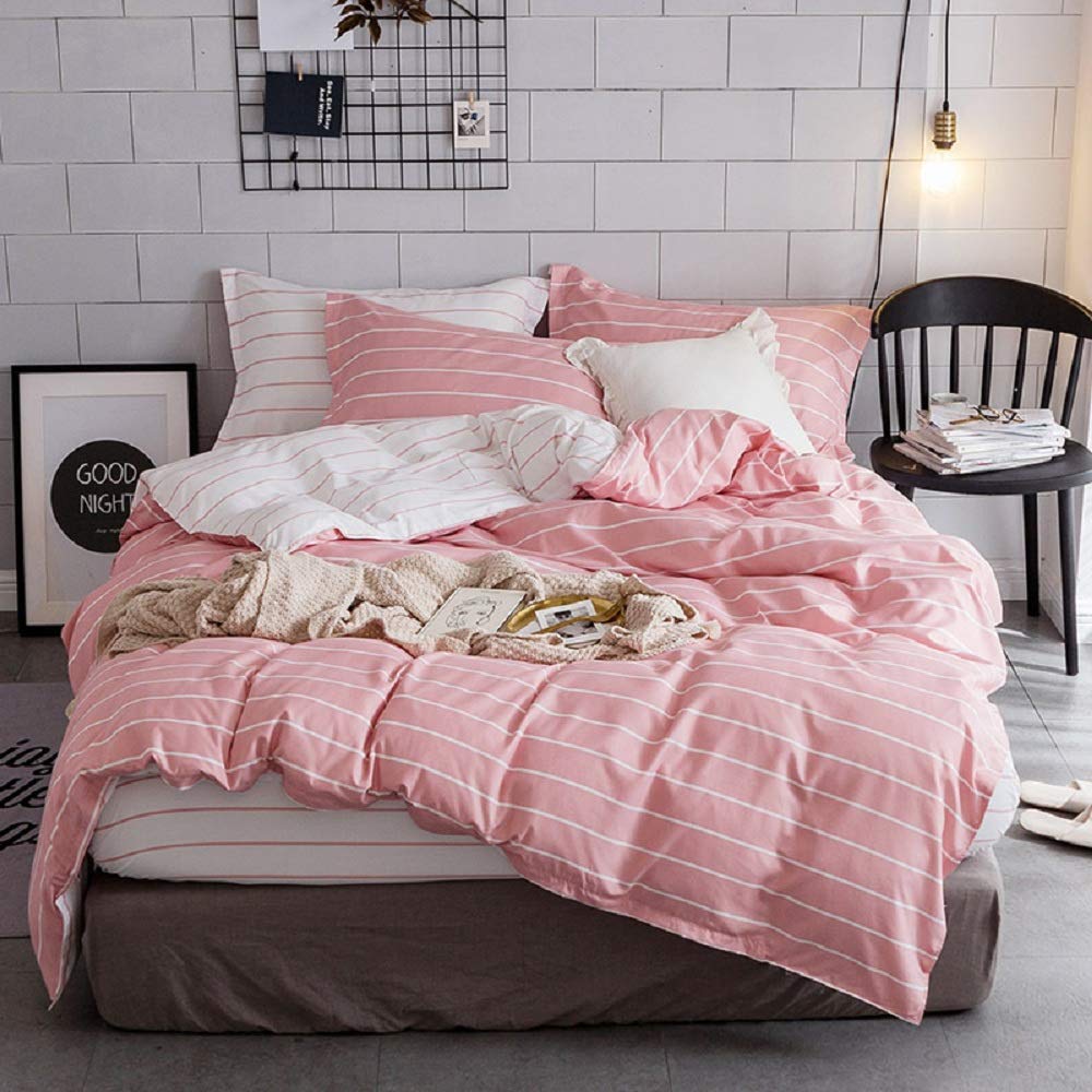 Pink Comforter Cover Queen Size Girls White Stripe Decor Bedding Set, Simple Fashion Style Duvet Cover, Soft Microfiber Reversible Bedspread, 3 Pieces