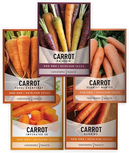 Gardeners Basics, Semillas de zanahoria para plantar jardín en casa, paquete variado de 5 arcoíris, Imperator 58, Scarlet Nantes, Bambino y Royal