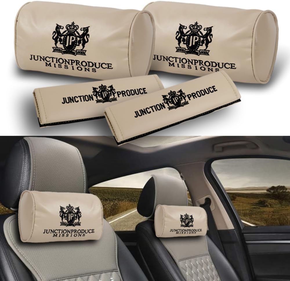 W-POWER 4PCS Junction Produce JDM Car Neck Pillow Headrest + JP VIP Embroidery Car Seat Belt Cover Set (Beige)