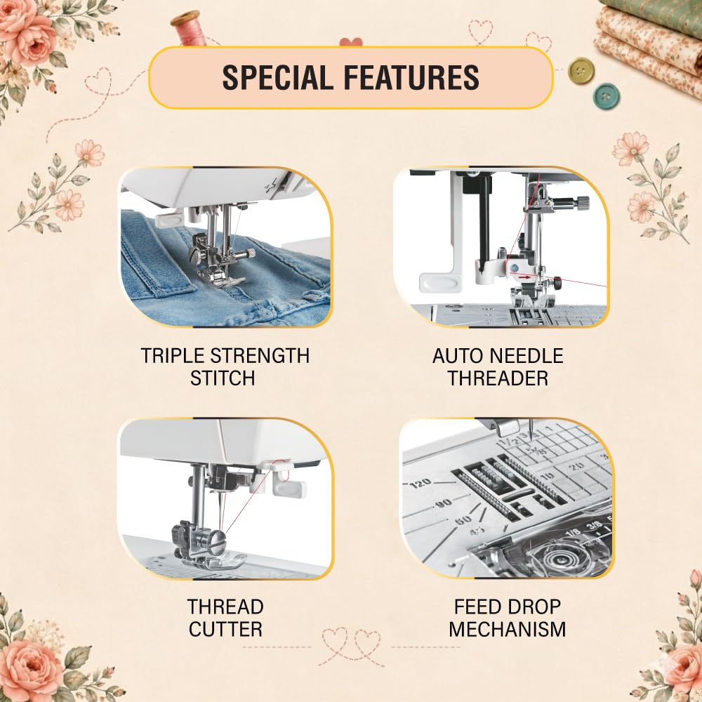 USHA Janome Fully Automatic Allure Deluxe Sewing Machine,13 Built-in Stitches,21 Stitch Functions,Auto Needle Threader,Auto Feed Drop,Triple Strength Stitch,Button Hole Stitch,LED Sewing Light,White — Amazon image 4