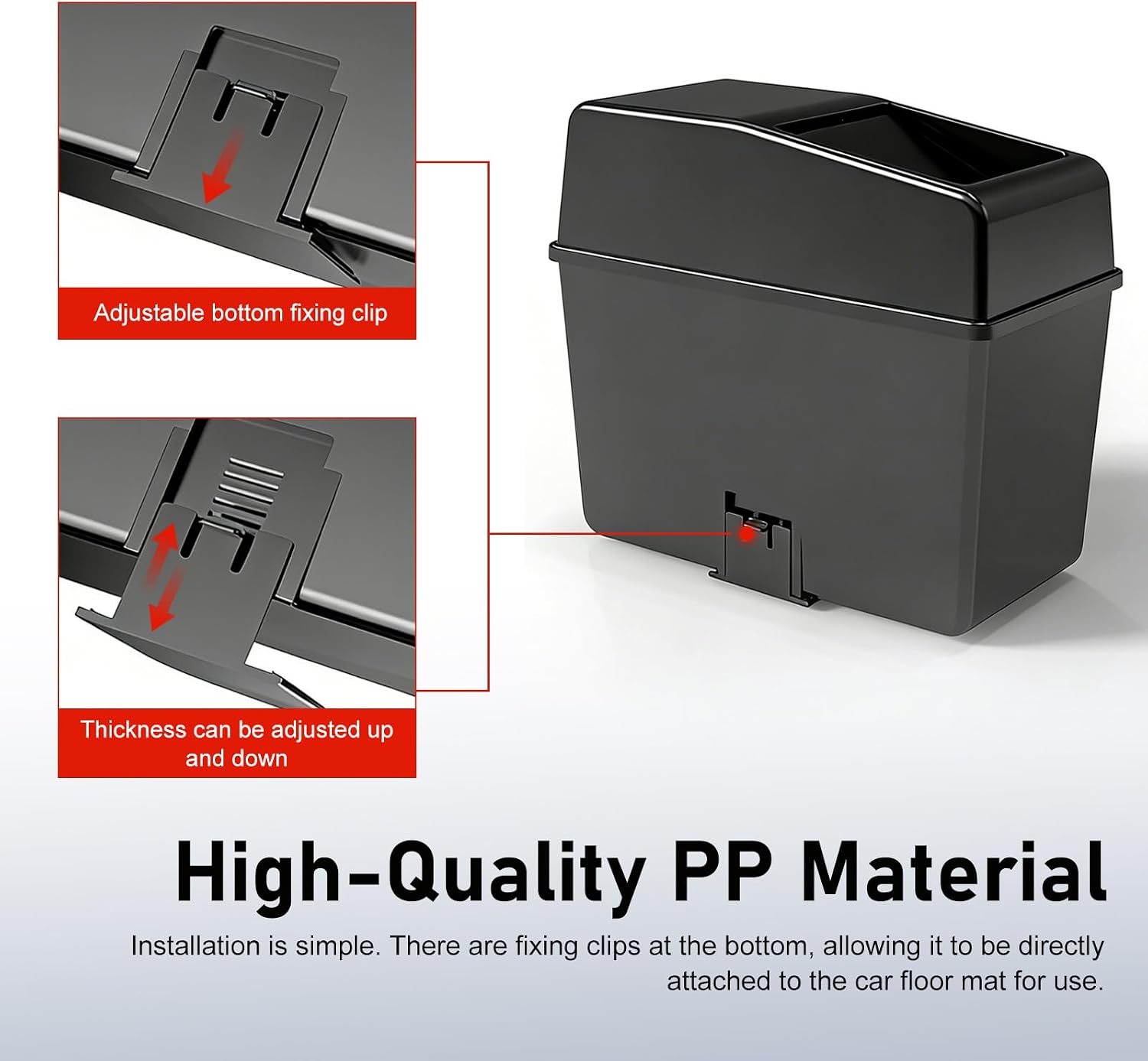 Mini Car Trash Can, 2 L Large Capacity Waterproof Garbage Bin with Press-Open Lid, Multi-Purpose Clip-on Organizer for Floor Mat, Portable Storage Bucket for Car & Home & Office (Black)