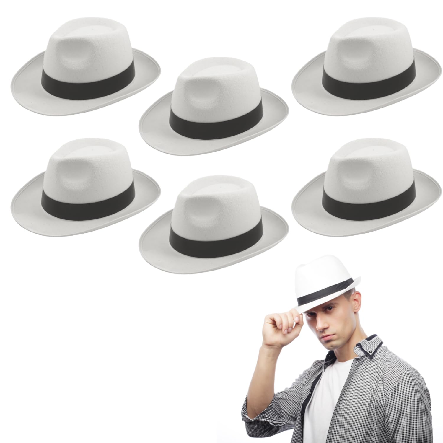 Lizzy 6 x White Al Capone Gangster Hat (Adult) | Trilby Fedora Gatsby Bugsy Malone Capone 1920’s Pimp Gangster Fancy Dress Accessories