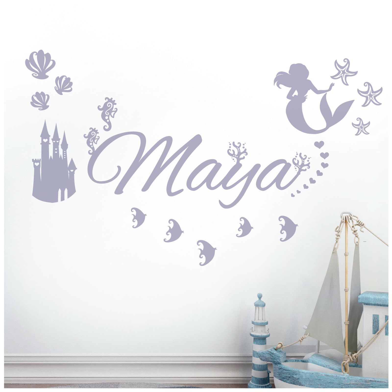 Personalised Name - Little Mermaid Inspired, Ocean, Castle, Starfish - Children's Bedroom Vinyl Wall Decal Sticker [Medium] [Light Grey] — image 1