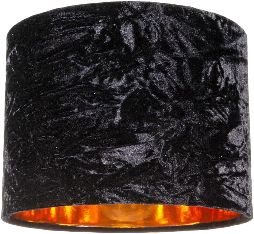 Modern and On-Trend Vivid Black Crushed Velvet Fabric 8" Table or Pendant Circular Drum Lampshade with Shiny Copper Inner