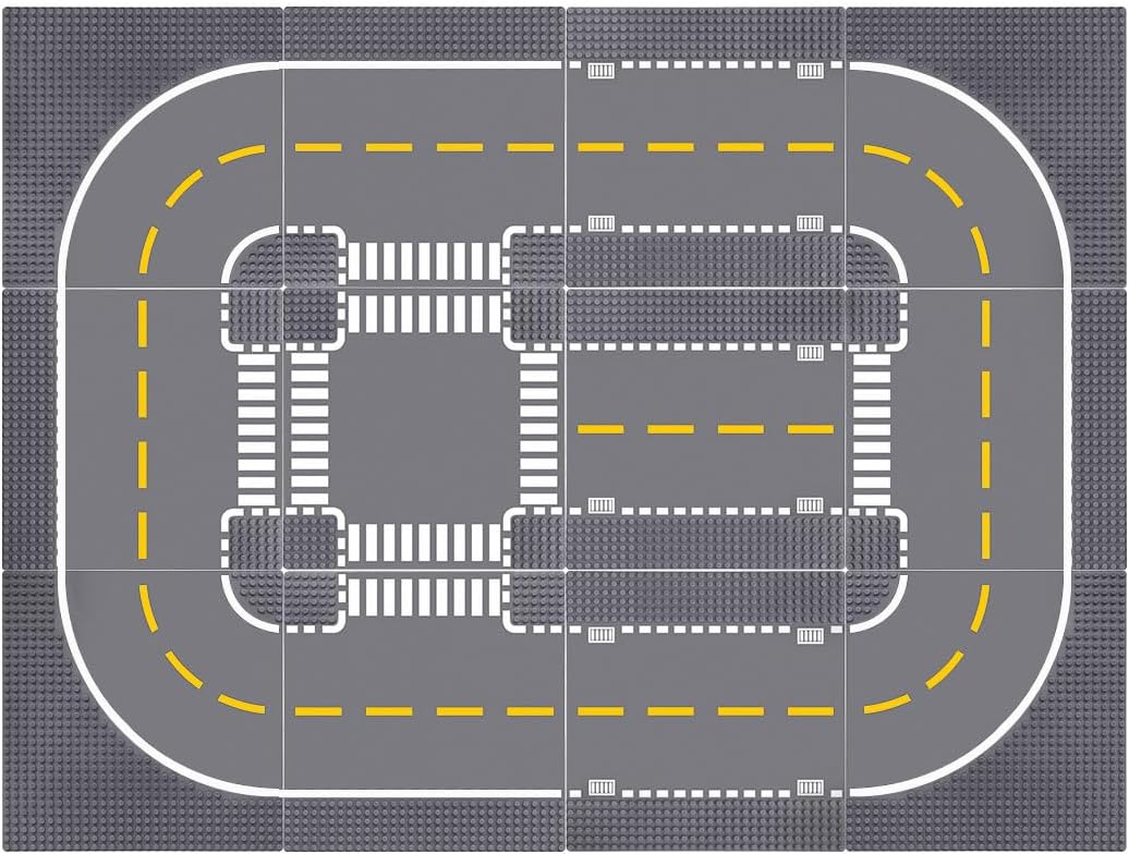 Lekebaby 12 Pack 10x10 Grey Road Base Plates, 4 Curve / 4 T Junction / 3 Straight / 1 Junction, Compatible with Major Brands
