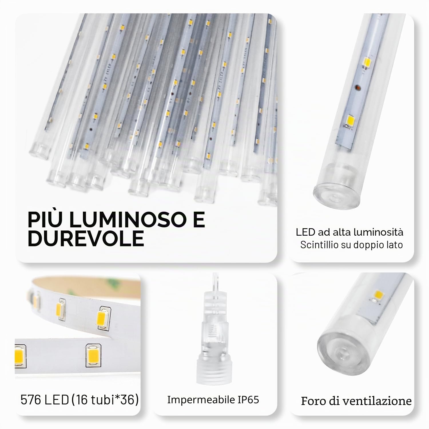 PEMOTech Luci natalizie per esterni, 16 tubi 576 LED da 16 pollici, luci per doccia meteorite all'aperto, luci impermeabili a ghiacciolo, Luces Navideñas para Exteriores, bianco, 15,2 m per albero di