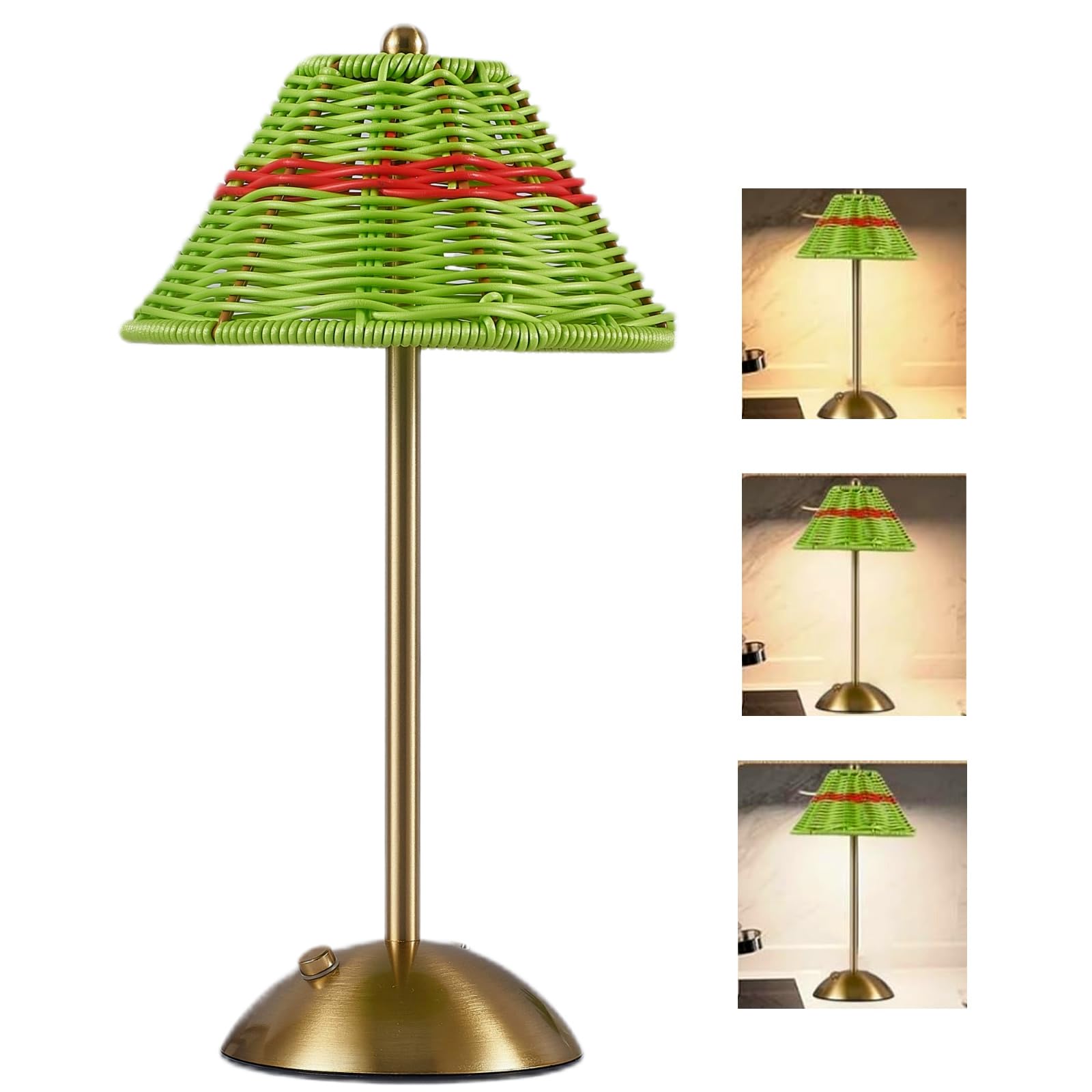Boho Rattan Table Lamp, Cordless Wicker Lamp Rechargeable Bamboo Desk Lamp 3 Color Dimmable Touch Control Night Light for Bedroom, Living Room, Outdoor Decor (Green)