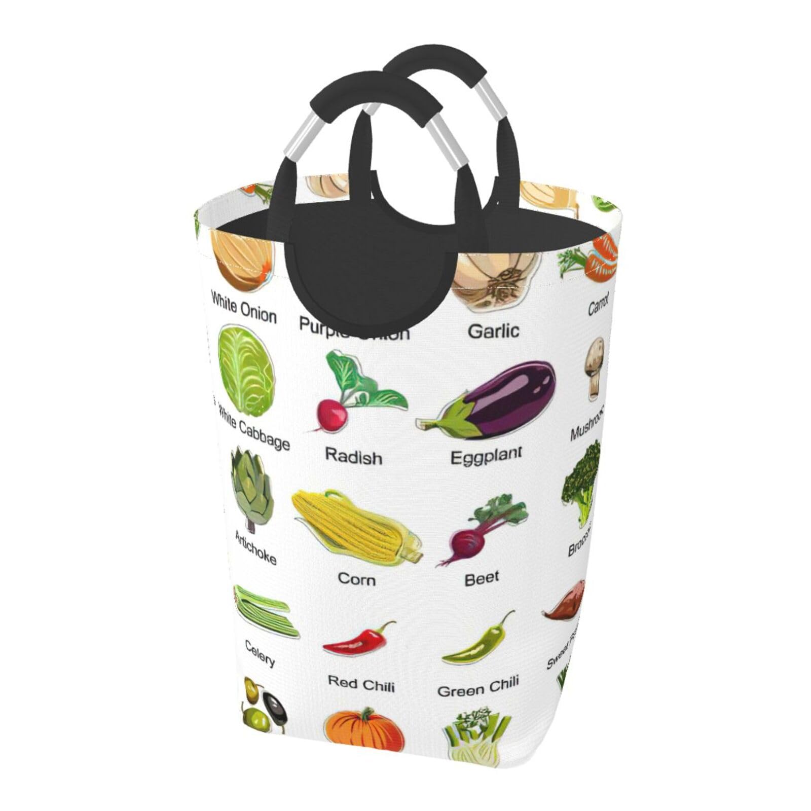 Grand panier à linge pliable aux motifs légumes et poignées alu pour dortoir