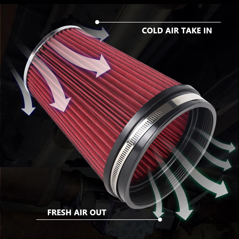 6" Inlet Cold Air Intake Filter Cone Replacement Performance Washable Clamp-On Dry Air Filters Red (8" Tall)