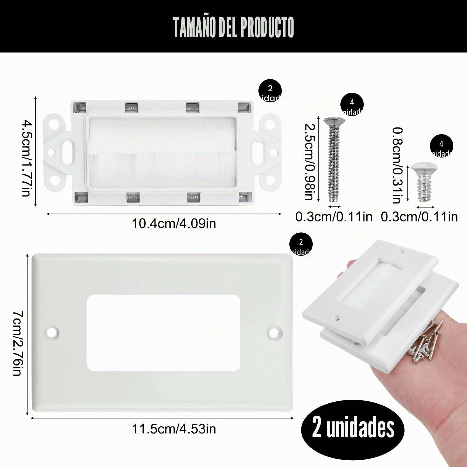 2 Piezas Placas de Pared con Cepillo para Pasacables, Cubierta Empotrable para Ocultar Cables de Electrodomésticos y Equipos Electrónicos, Placa Frontal Para Cable Salida Pared Salida