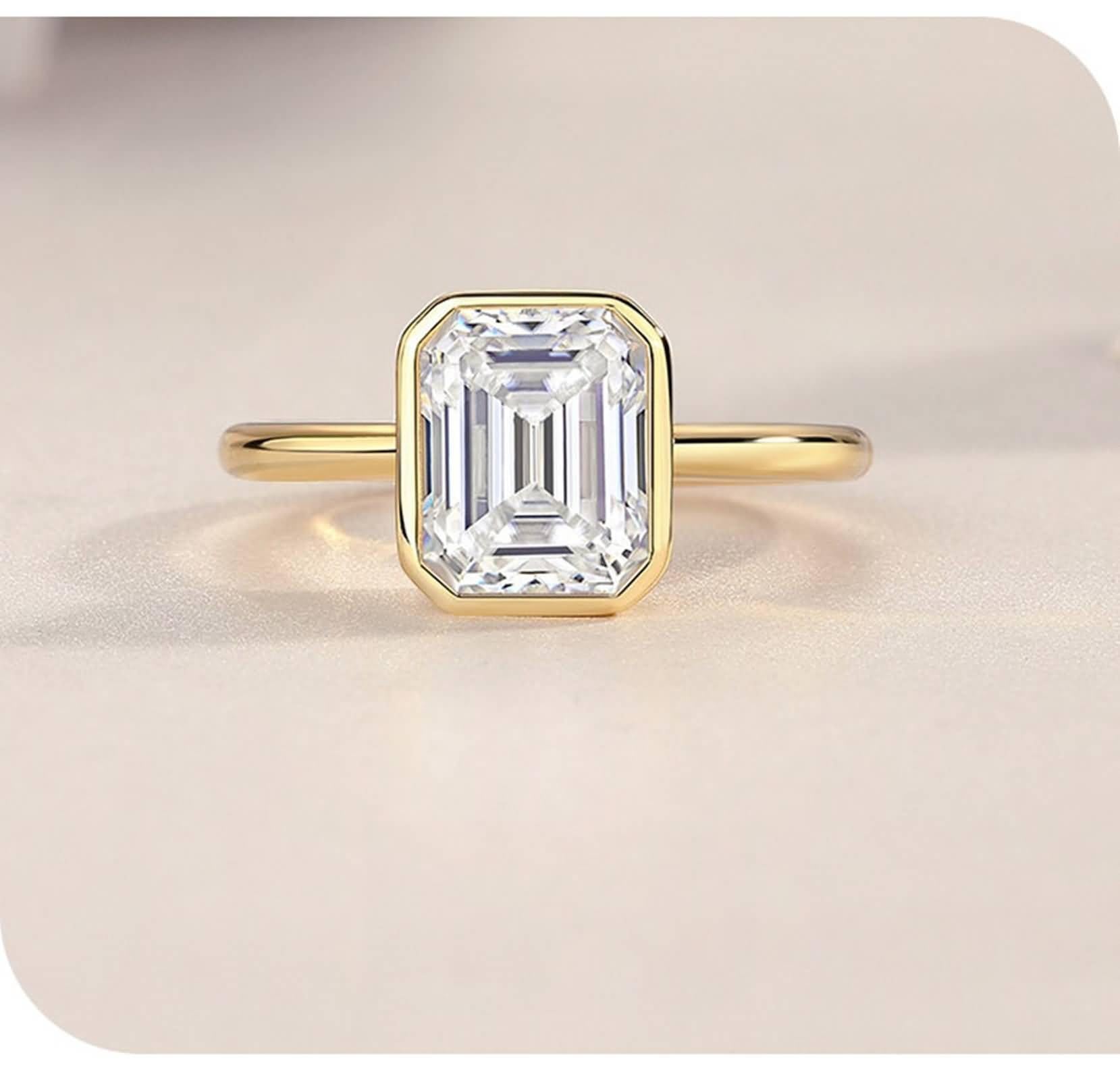 Anillo de promesa a juego, anillos apilables de oro pulido, anillo solitario con moissanita rectangular de 7 x 9 mm, oro amarillo de 2,5 quilates