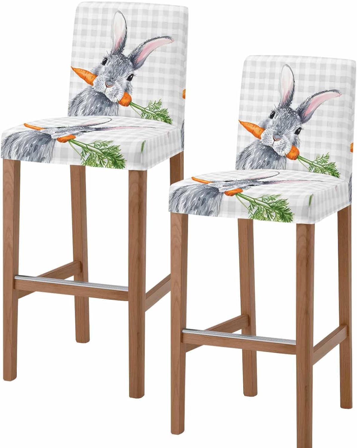 Spring Easter Bar Stool Covers - Stretch Dining Chair Covers Set of 2, Watercolor Bunny Carrot Gray Checkered Bar Chair Covers Removable Counter Stool Pub Chair Slipcovers Protectors for Kitchen/Cafe